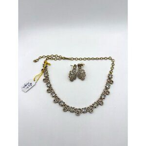 Vintage Gold Tone Rhinestone Scroll Necklace Earrings Set Formal Demi Parure